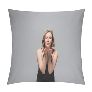 Personality  Happy Plus Size Woman In Black Slip Dress And Crown Sending Air Kiss Isolated On Grey  Pillow Covers