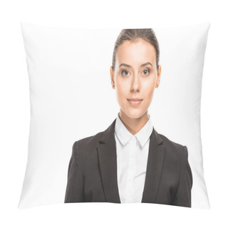 Personality  Close-up Portrait Of Attractive Young Businesswoman In Suit Looking At Camera Isolated On White Pillow Covers