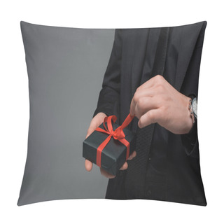 Personality  Partial View Of Male Hand Untying Ribbon On Gift Box Isolated On Grey, International Womens Day Concept Pillow Covers