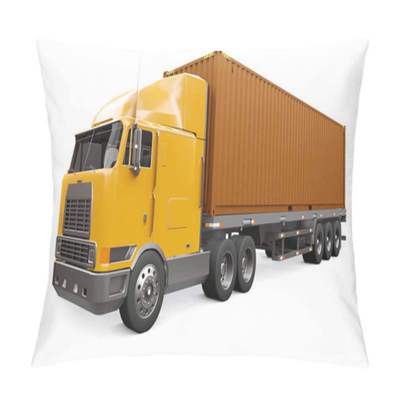 Personality  A Large Retro Orange Truck With A Sleeping Part And An Aerodynamic Extension Carries A Trailer With A Sea Container. 3d Rendering. Pillow Covers