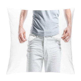 Personality  Cropped Image Of Man Showing Empty Pockets Isolated On White Pillow Covers