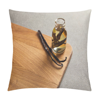 Personality  Vanilla Pods And Bottle With Essential Oil On Wooden Surface Pillow Covers