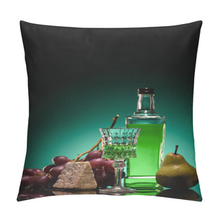 Personality  Close-up Shot Of Absinthe With Fresh Pear, Grapes And Cheese On Mirror Surface On Dark Blue Background Pillow Covers