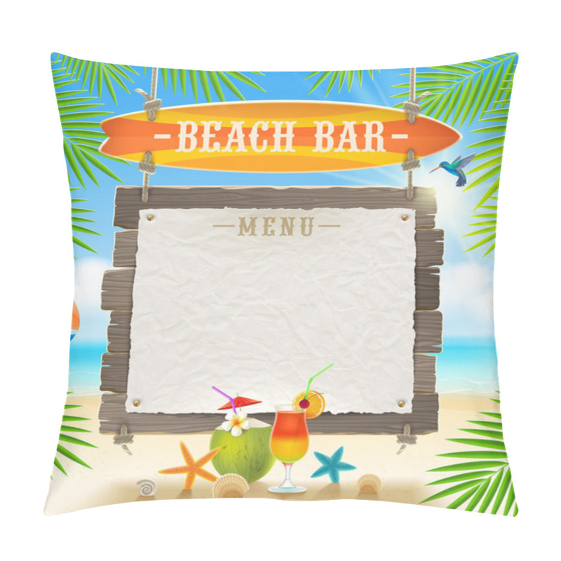 Personality  Tropical beach bar  - signboard surfboard and paper banner for menu - summer holidays vector design pillow covers