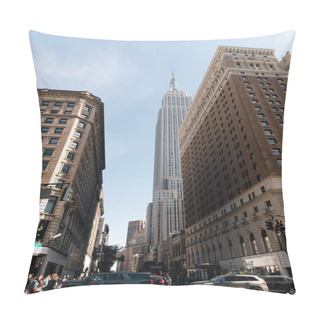 Personality  NEW YORK, USA - OCTOBER 11, 2022: Low Angle View Of Empire State Building On Urban Street  Pillow Covers