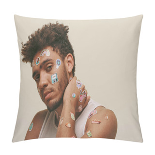 Personality  African American Guy In Tank Top With Stickers On Face Looking At Camera On Grey Background Pillow Covers
