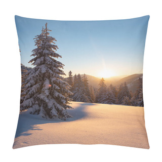 Personality  Magic Sunrise In The Winter Mountains After Snowfall - A Huge Pine Trees Covered With Snow In The Rays Of The Rising Sun On The Background Of Blue Sky. Backlit, Wide Angle. Pillow Covers