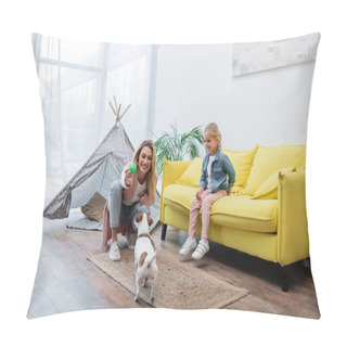 Personality  Smiling Woman Holding Ball Near Jack Russell Terrier Near Daughter At Home  Pillow Covers