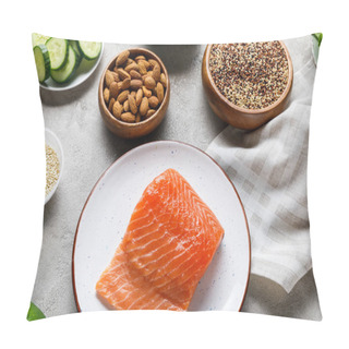 Personality  Top View Of Fresh Raw Salmon On White Plate Near Nuts And Vegetables, Ketogenic Diet Menu Pillow Covers