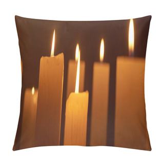 Personality  Selective Focus Of Burning Candles Glowing In Dark, Panoramic Shot Pillow Covers