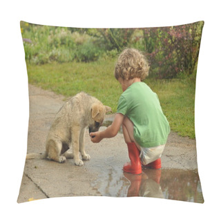 Personality  Boy, Child In Red Rubber Wellingtons, Talking With The Puppy. Childhood In Diapers. Pillow Covers