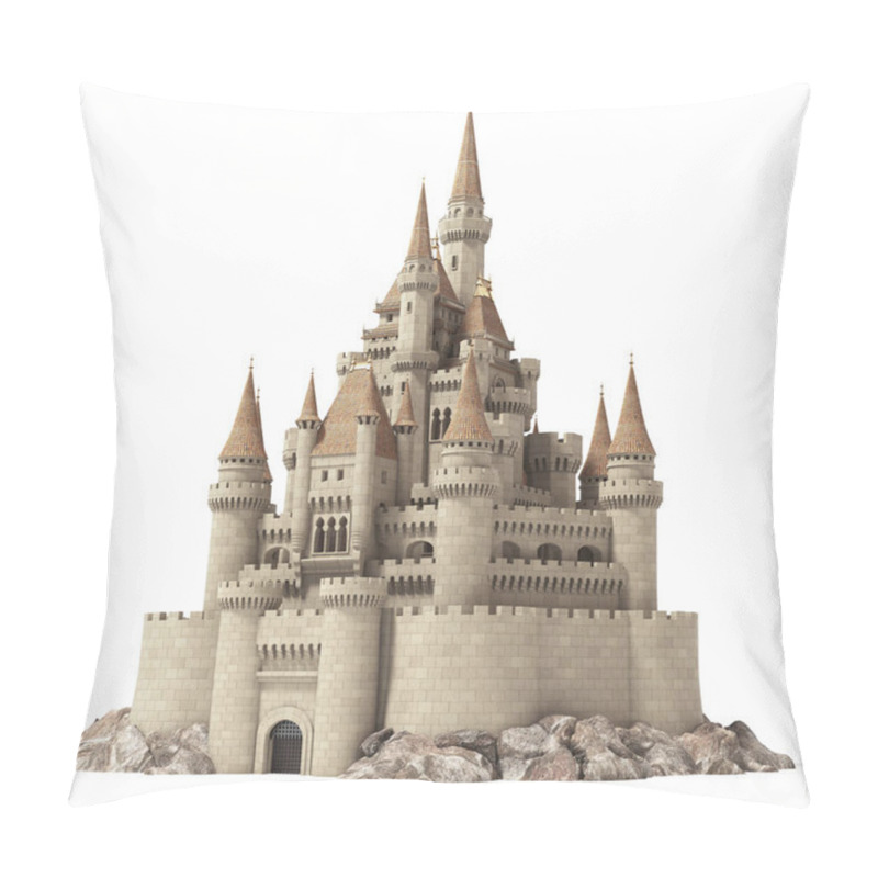 Personality  Old Fairytale Castle On The Hill Isolated On White. Pillow Covers