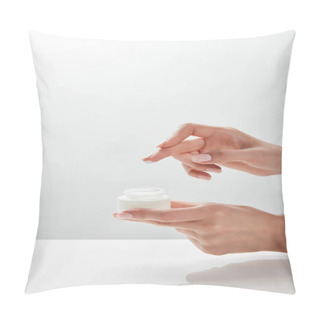 Personality  Cropped View Of Woman Holding Jar With Cream In Hands Pillow Covers