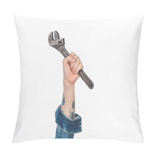 Personality  Cropped Image Of Male Hand Holding Adjustable Wrench Isolated On White Pillow Covers