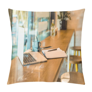 Personality  Laptop, Smartphone, Notebook And Cup Of Tea On Wooden Cafe Counter Pillow Covers