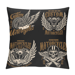 Personality  Set Of Racer Emblem Templates With Motorcycle Motor, Wheels. Wings. Design Element For Logo, Label, Emblem, Sign, Poster, T Shirt. Vector Illustration Pillow Covers