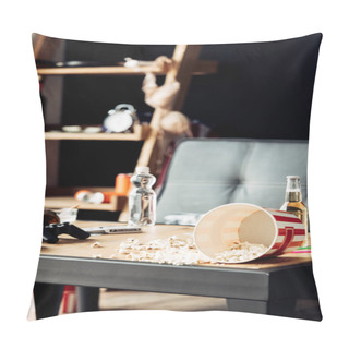 Personality  Selective Focus Of Popcorn Near Bottles With Beer On Coffee Table Pillow Covers