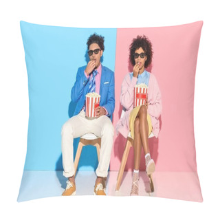 Personality  Young African American Couple Sitting On Chairs And Eating Popcorn Against Pink And Blue Wall Pillow Covers