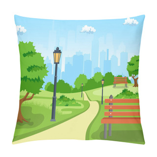 Personality  Bench With Tree And Lantern In The Park. Vector Illustration In Flat Style. Summer City Park Panorama Vector Illustration. Pillow Covers