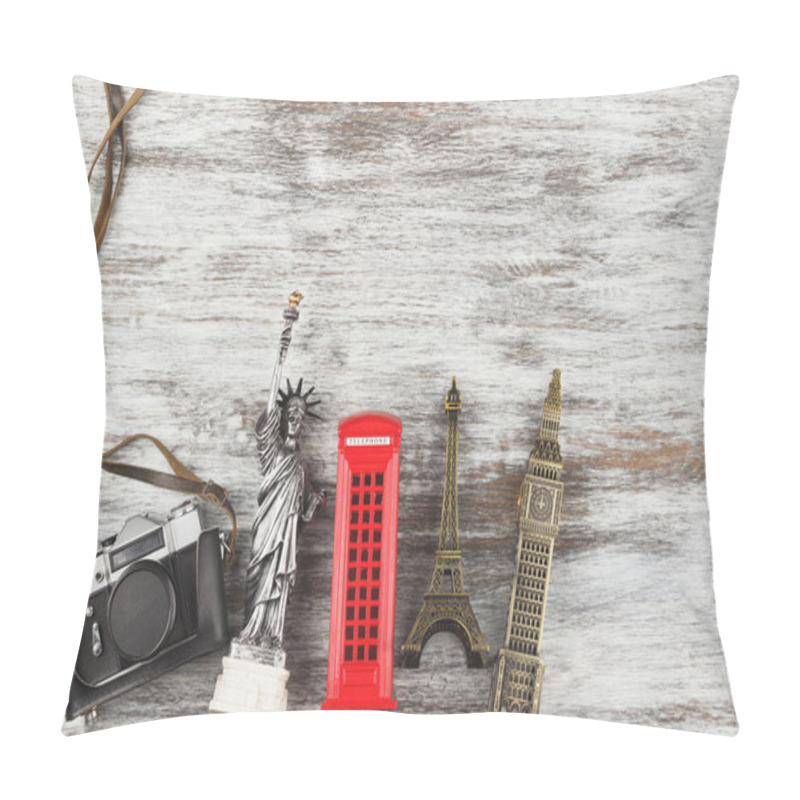 Personality  Travel and tourism background with souvenirs from around the world pillow covers