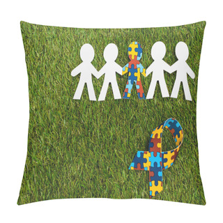 Personality  Top View Of Special Kid With Autism Among Another And Awareness Ribbon On Green Background Pillow Covers
