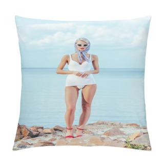 Personality  Stylish Girl Posing In White Vintage Swimsuit, Trendy Sunglasses And Silk Scarf On Shore Pillow Covers