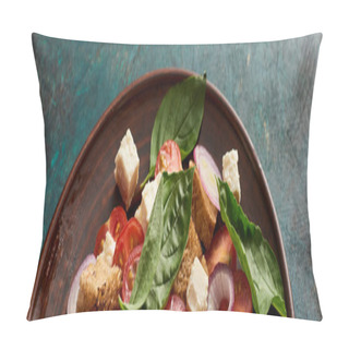 Personality  Fresh Italian Vegetable Salad Panzanella Served On Plate On Table, Panoramic Shot Pillow Covers