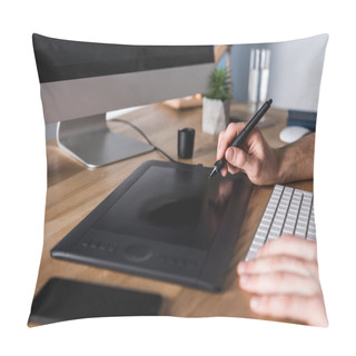 Personality  Cropped Shot Of Designer Working With Drawing Tablet At Workplace Pillow Covers