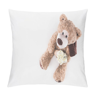 Personality  Top View Of Teddy Bear With Bouquet Of White Flowers Isolated On White Pillow Covers