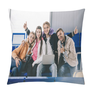 Personality  Happy Young Friends Smiling At Camera And Showing Thumbs Up While Waiting For Flight In Airport Terminal  Pillow Covers
