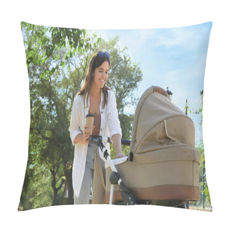 Personality  Young Mother Walking With Her Baby In Stroller At Park On Sunny Day Pillow Covers