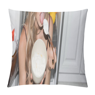 Personality  Cropped View Of Seductive Woman Eating Cornflakes With Whipped Cream, Panoramic Orientation Pillow Covers