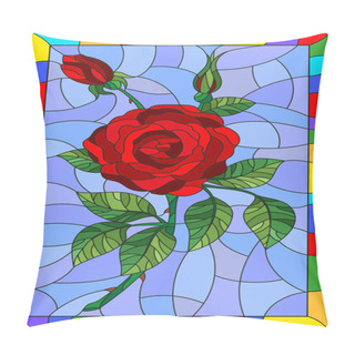 Personality  Illustration In Stained Glass Style Flower Of Red Rose On A Blue Background In A Bright Frame Pillow Covers