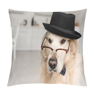 Personality  Cute Adorable Golden Retriever In Hat And Glasses In Apartment  Pillow Covers