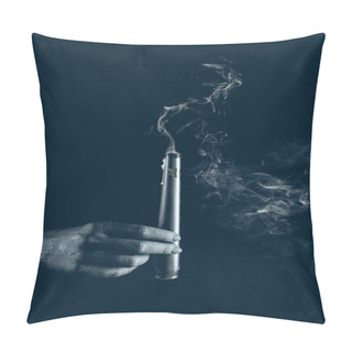 Personality  Cropped View Of Black Hand With Smoky Candle, Isolated On Black Pillow Covers