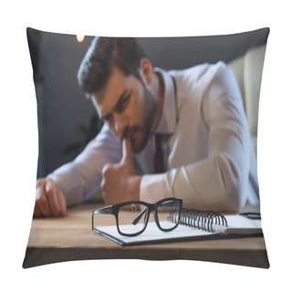 Personality  Tired Pensive Businessman Leaning On Table With Glasses On Foreground Pillow Covers