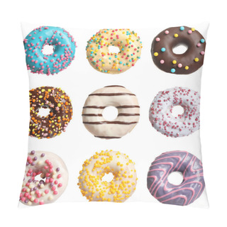 Personality  Set With Delicious Glazed Donuts On White Background Pillow Covers