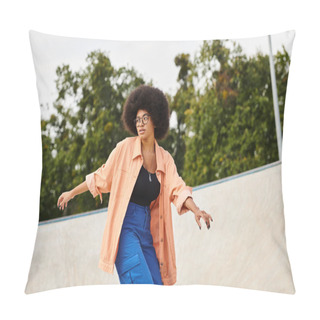 Personality  A Determined Young African American Woman With Curly Hair Riding A Skateboard Up The Side Of A Ramp At An Outdoor Skate Park. Pillow Covers