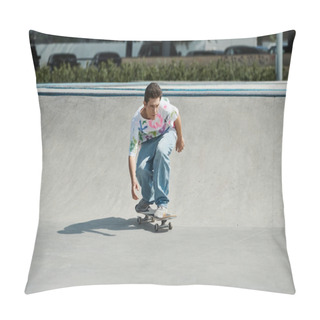 Personality  A Young Skater Boy Fearlessly Rides His Skateboard Down The Ramp In A Vibrant Outdoor Skate Park On A Sunny Summer Day. Pillow Covers