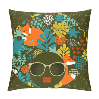 Personality  Woman Head With Strange Pattern On Her Hair Pillow Covers