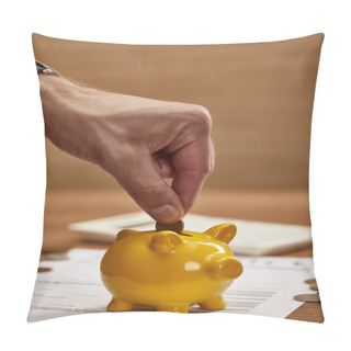 Personality  Partial View Of Man Putting Coin In Yellow Piggy Bank Pillow Covers