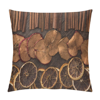 Personality  Top View Of Dried Apple, Orange Slices And Cinnamon Sticks On Wooden Background Pillow Covers