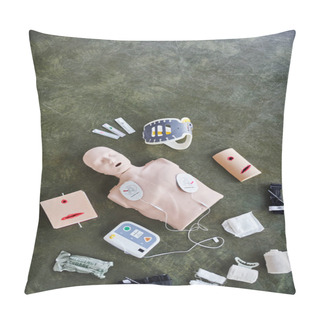 Personality  Top View Of CPR Manikin, Automated Defibrillator, Wound Care Simulators, Compression Tourniquets, Neck Brace And Bandages, Medical Equipment For First Aid Training And Skills Development Pillow Covers