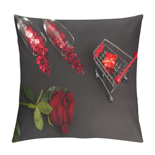 Personality  Top View Of Red Rose Near Glasses With Confetti And Tiny Present In Shopping Cart On Black Pillow Covers