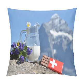 Personality  Swiss Chocolate And Jug Of Milk Against Mountain Peak. Switzerla Pillow Covers
