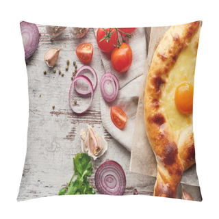 Personality  Top View Of Adjarian Khachapuri With Vegetables And Greens On Wooden Table Pillow Covers