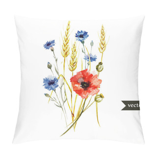 Personality  Watercolor Poppy, Cornflower, Wheat Bouquet Pillow Covers