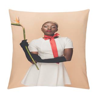 Personality  Beautiful African American Girl In Black Gloves Posing With Strelitzia Flower Isolated On Beige Pillow Covers