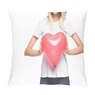 Personality  Cropped Image Of Smiling Girl In White Shirt Holding Heart Shaped Balloon Isolated On White Pillow Covers