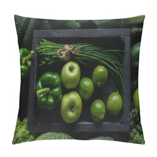Personality  Top View Of Green Vegetables And Fruits In Wooden Box On Table, Healthy Eating Concept Pillow Covers